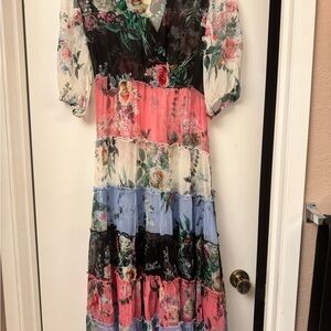 Johnny Was Floral Tiered Midi Dress in Coral, Blue, Cream & Black